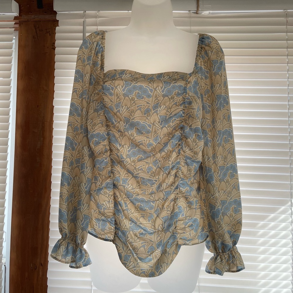 ROSE + OLIVE | Blue and Tan Rouged Blouse